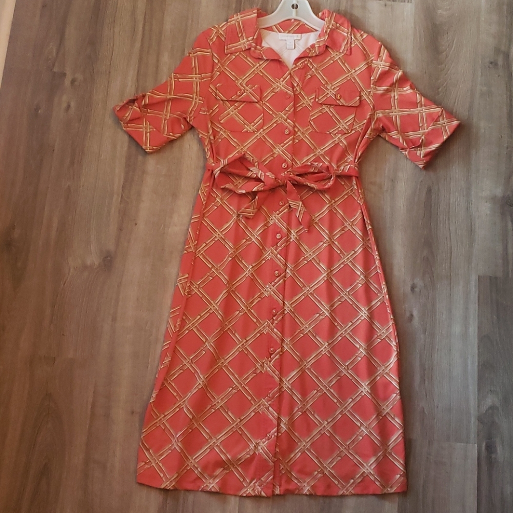 Orange button down midi shirt dress size medium